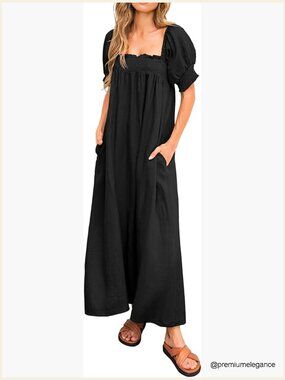 Summer Maxi Dress Loose Fit Puff Sleeve Square Neck Maternity Beach